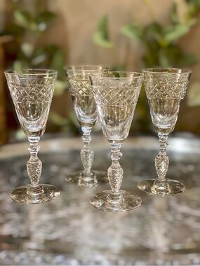 Vintage Set 4 Seneca Crystal Cordials Cross Hatch Thumbprint Mid Century Barware